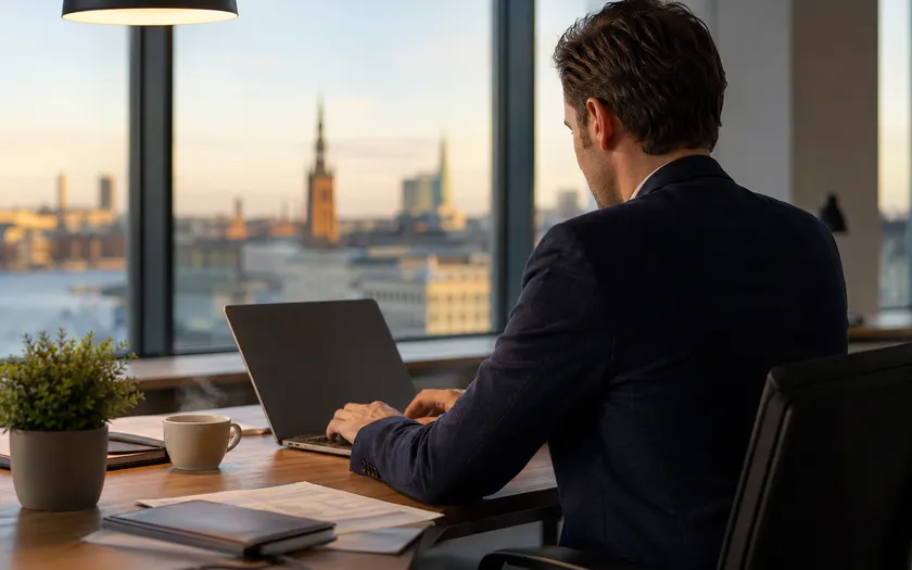 Person arbetar vid laptop på modernt kontor med utsikt över Stockholm