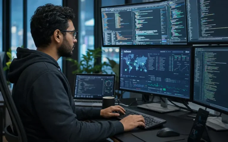 Cybersäkerhetsexpert arbetar vid modern datorstation med flera skärmar
