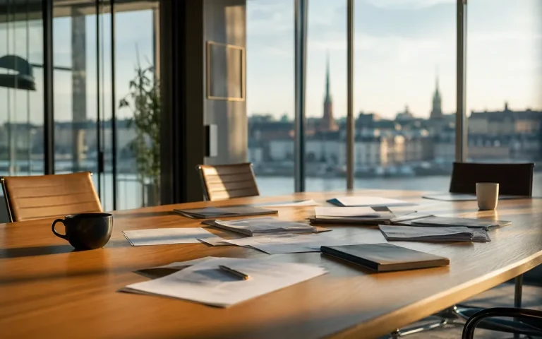 Tomt konferensrum med papper på bordet och utsikt över Stockholm