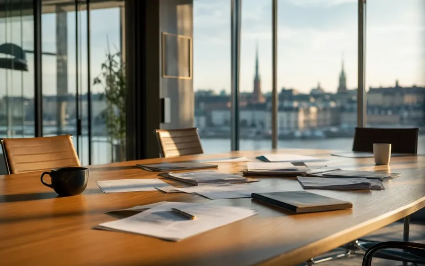 Tomt konferensrum med papper på bordet och utsikt över Stockholm