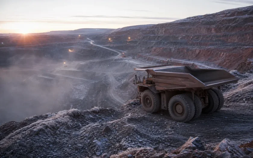 Öppet gruvdagbrott i norra Sverige med terrasserade bergväggar och en stor gruvtruck