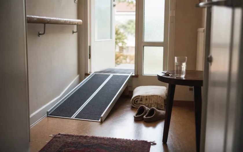 Hall med rullstolsramp och sko utanför en lägenhetsdörr