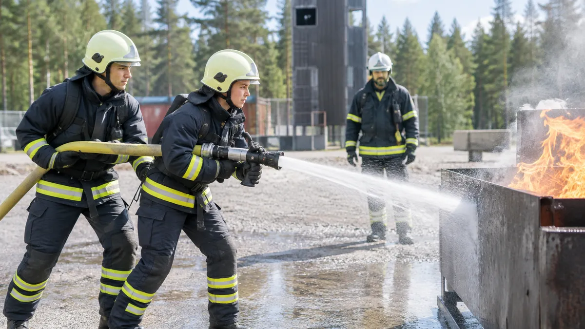 Brandmannaelever övar med en vattenfylld slang mot en brand i en övningscontainer medan en instruktör följer övningen