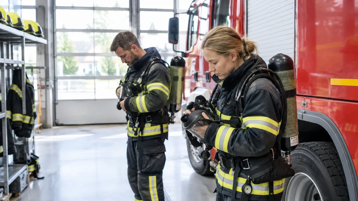 Två brandmän i skyddsutrustning kontrollerar andningsskydd bredvid en röd brandbil i en ljus brandstation