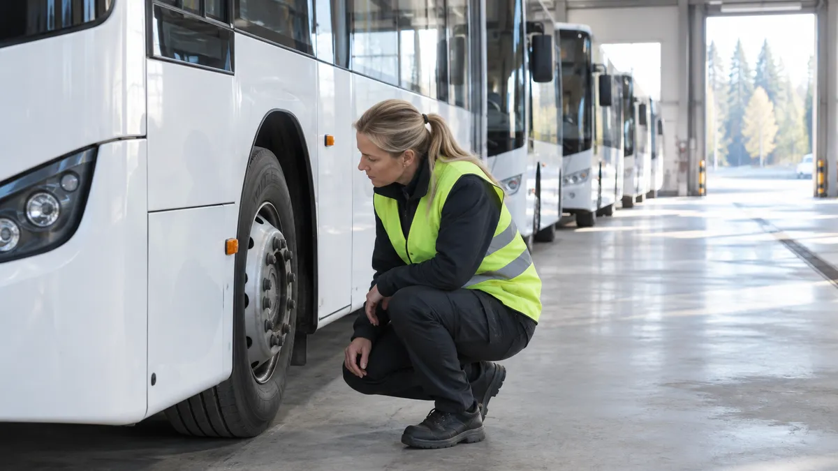 Kvinnlig bussförare i reflexväst sitter på huk och kontrollerar framdäcket på en vit buss i ett bussgarage