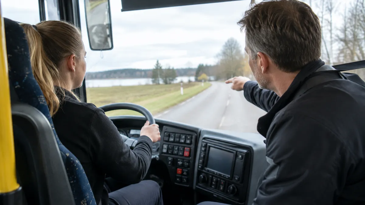 Trafiklärare pekar ut vägen framåt medan en elev kör en buss på en landsväg