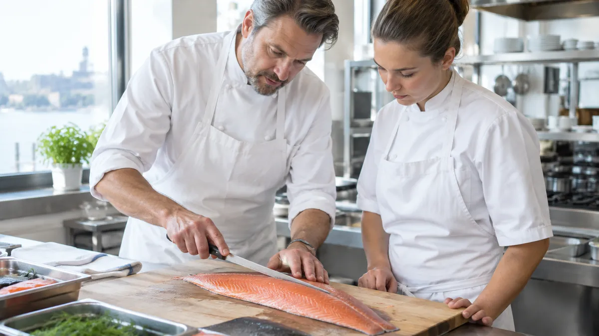 Erfaren kock visar en yngre kock hur man filéar en lax på en skärbräda i ett restaurangkök