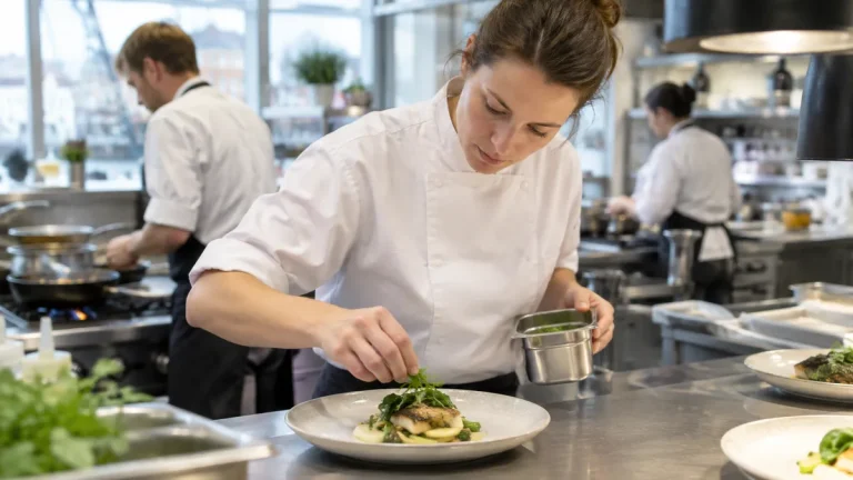 Kock i vit kockrock lägger upp en fiskrätt vid passet i ett restaurangkök medan kollegor lagar mat i bakgrunden