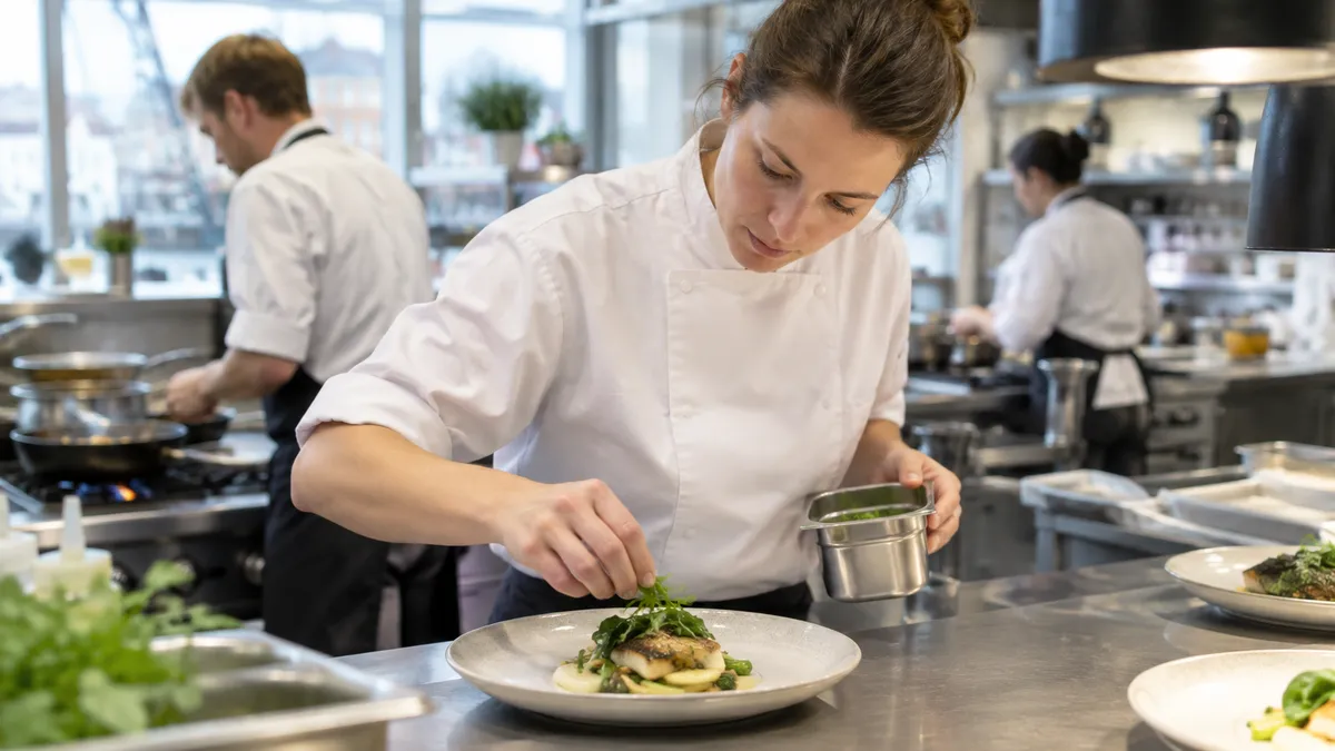 Kock i vit kockrock lägger upp en fiskrätt vid passet i ett restaurangkök medan kollegor lagar mat i bakgrunden