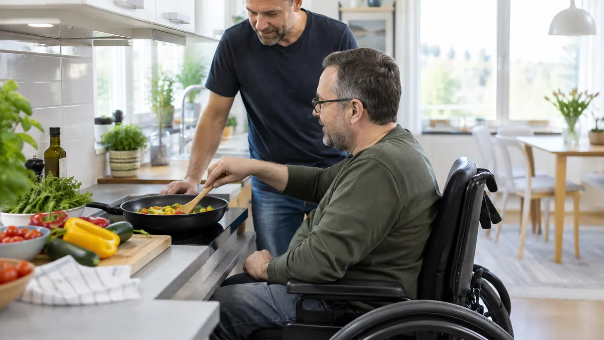 Personlig assistent hjälper en man i rullstol att laga mat vid spisen i ett ljust kök