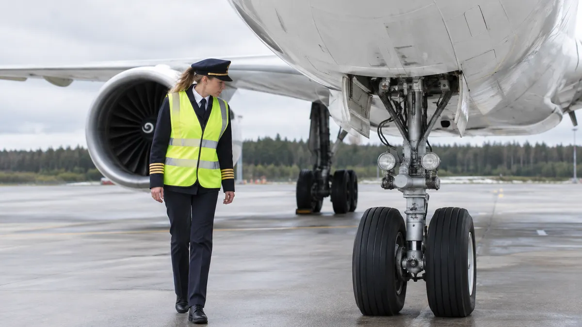 Kvinnlig pilot i uniform och reflexväst går runt ett passagerarflygplan och kontrollerar landningsstället på en flygplats