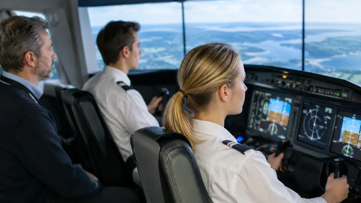Två pilotelever övar i en flygsimulator medan en instruktör sitter bakom dem och följer övningen