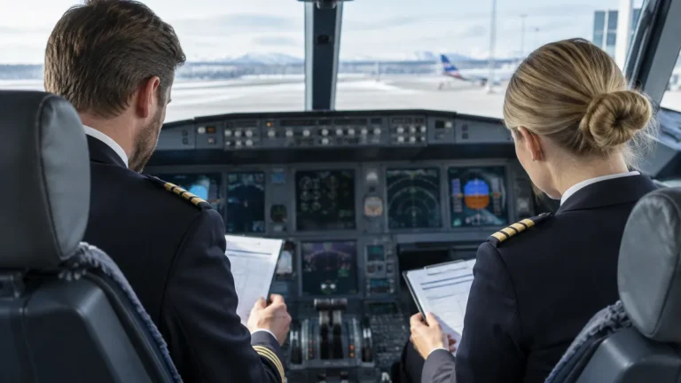 Två piloter i uniform går igenom checklistor i förarkabinen på ett passagerarflygplan som står på en snöig flygplats