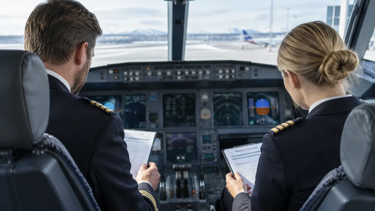 Två piloter i uniform går igenom checklistor i förarkabinen på ett passagerarflygplan som står på en snöig flygplats