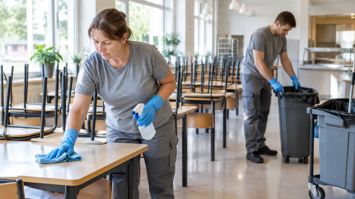 Två lokalvårdare i gråa arbetskläder torkar bord och tömmer soptunnor i en skolmatsal med stolarna uppställda på borden